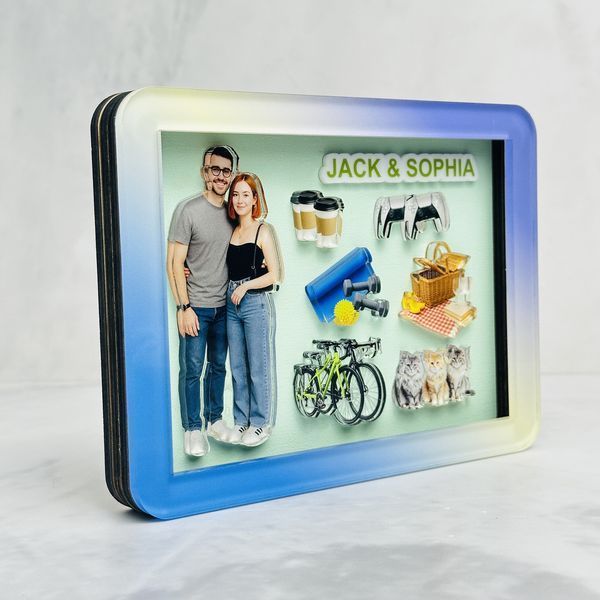 Іменна 3D фоторамка з індивідуальним персонажем, створеним по фото. Персоналізований подарунок для ПАРИ. Сувенір з фото F45.18 фото