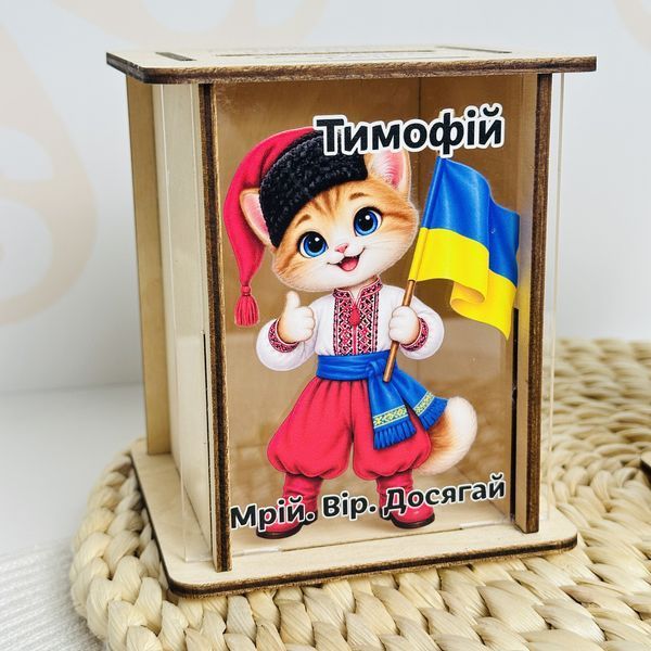 Іменна скринька-підставка для олівців з котиком у вишиванці &mdash; патріотичний подарунок дитині DD148 фото