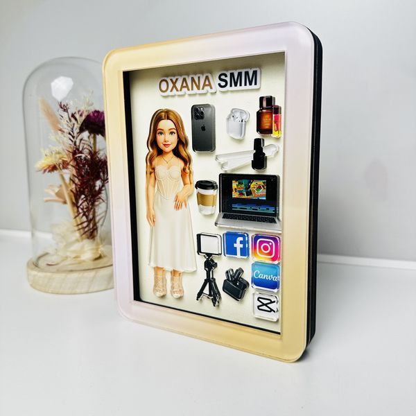 Іменна 3D фоторамка з індивідуальним персонажем, створеним по фото. Персоналізований подарунок для СММ. Сувенір з фото F45.1 фото
