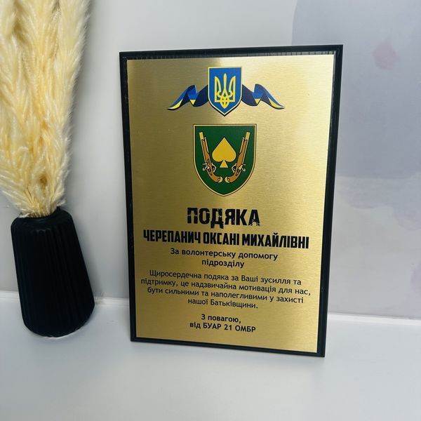 Настінна подяка - диплом з індивідуальним дизайном на металі та дерев'яній основі (плакетці) а4 H306 фото