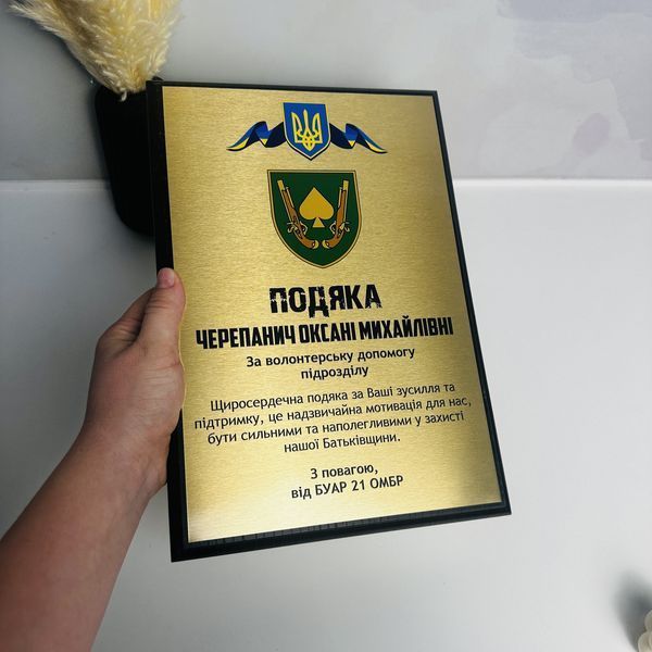 Настінна подяка - диплом з індивідуальним дизайном на металі та дерев'яній основі (плакетці) а4 H306 фото