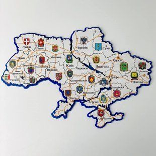 Мапа України ручної роботи з мдф та акрилу на стіну з позначками гербів областей, карта України настінна S16 фото
